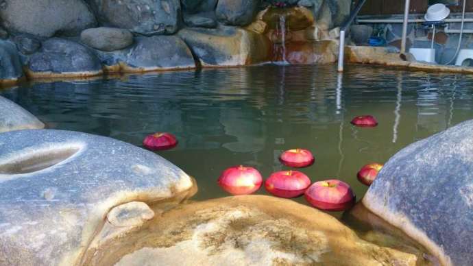 朝日町の特産品・りんごが湯船に浮かぶ「りんご温泉」