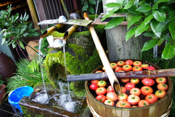 湧き水を汲む場所「水基」で、トマトを冷やす風景