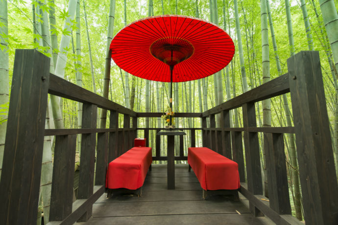 「秘境 白川源泉 山荘 竹ふえ」の回廊のお休み処で見られる番傘