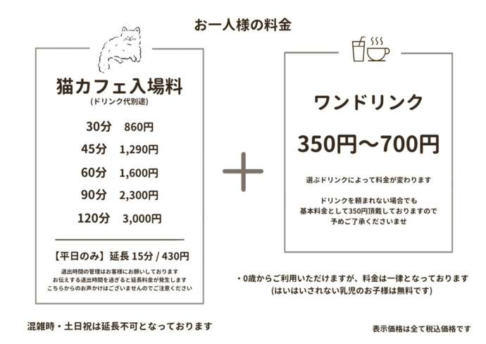 「Fluffy’s cafe」の料金表