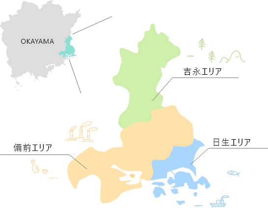岡山県備前市の3つのエリアを示したMAP画像