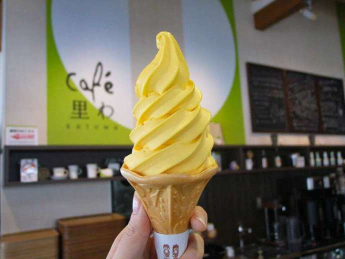 長野県飯山市にある道の駅「花の駅・千曲川」でいただけるスノーキャロットソフトクリーム