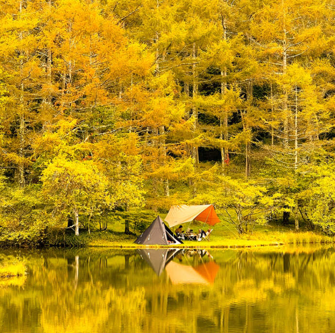 湖面まで色鮮やかになる千代田湖キャンプ場の紅葉シーズンの風景
