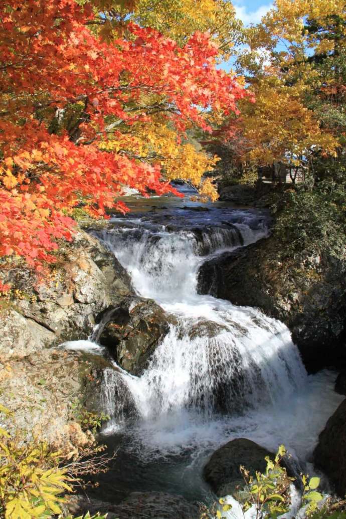 まちの内陸部大滝区の三階滝は紅葉の名所として人気