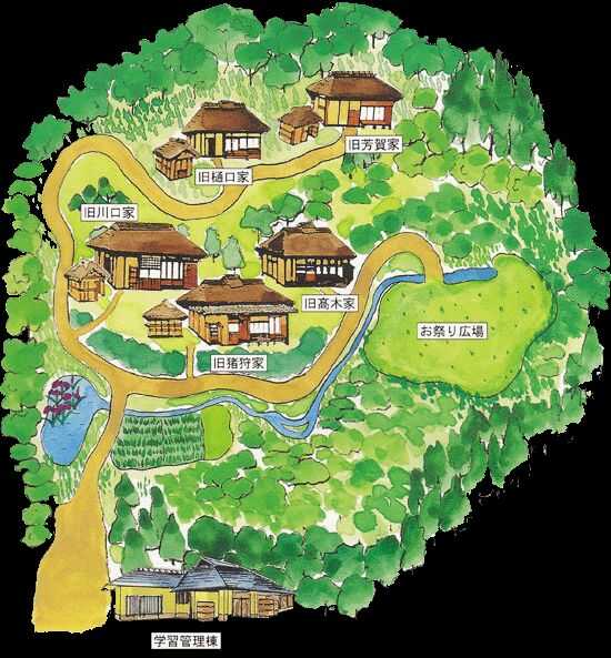 「いわき市暮らしの伝承郷」にある古民家ゾーンを中心とした園内マップ