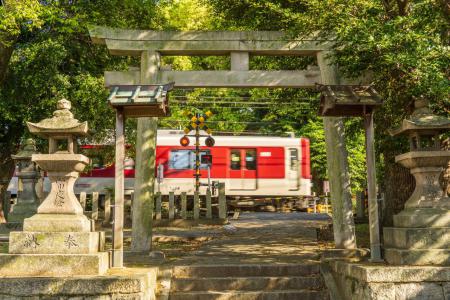 澤田八幡神社の鳥居の奥を電車が走っている