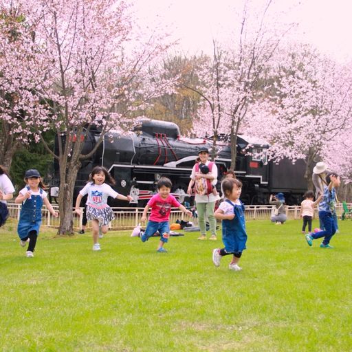 桜の木の近くで元気に外遊びする子供たち