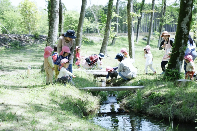 森の中の小川で遊ぶ保育園児たち