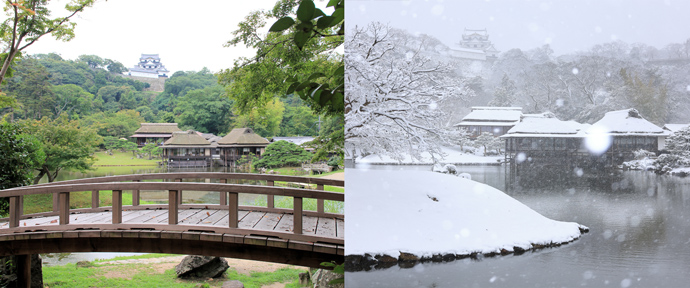 「玄宮園」内から彦根城を向いた風景（左）、冬の雪化粧した「玄宮園」（右）