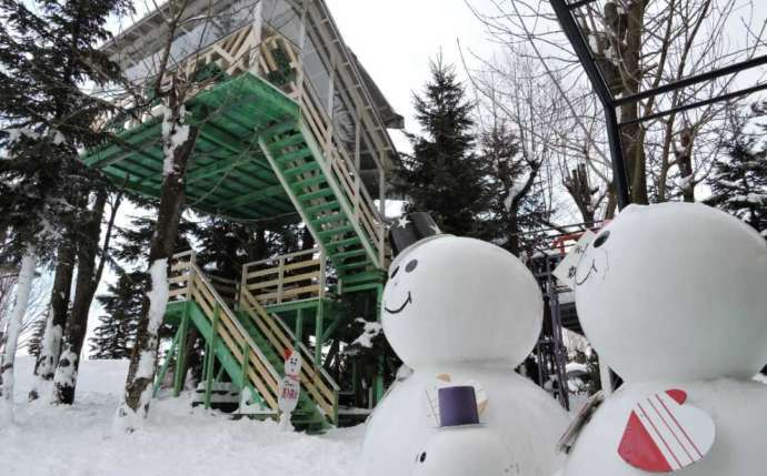 雪が積もっている北海道アイスパビリオンと雪だるまの人形