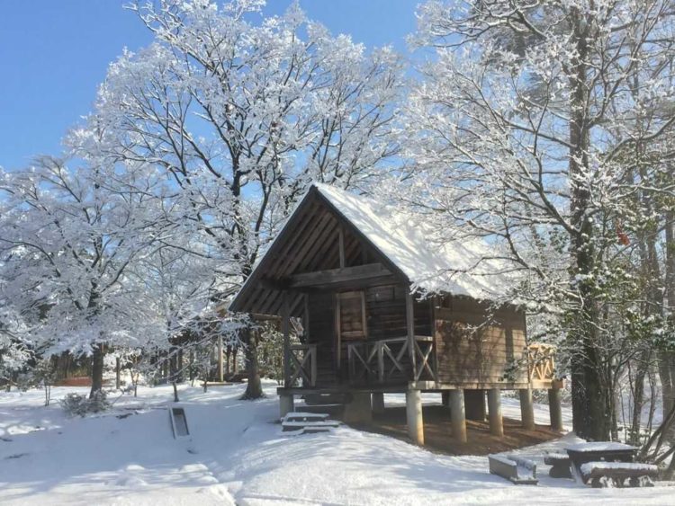 石川県健康の森オートキャンプ場の雪に包まれるバンガロー