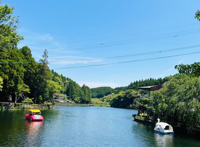 宮崎県小林市にある出の山淡水魚水族館の目の前に広がる池とボート