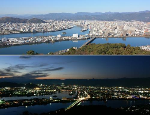 五台山の展望台から見える昼と夜の景色