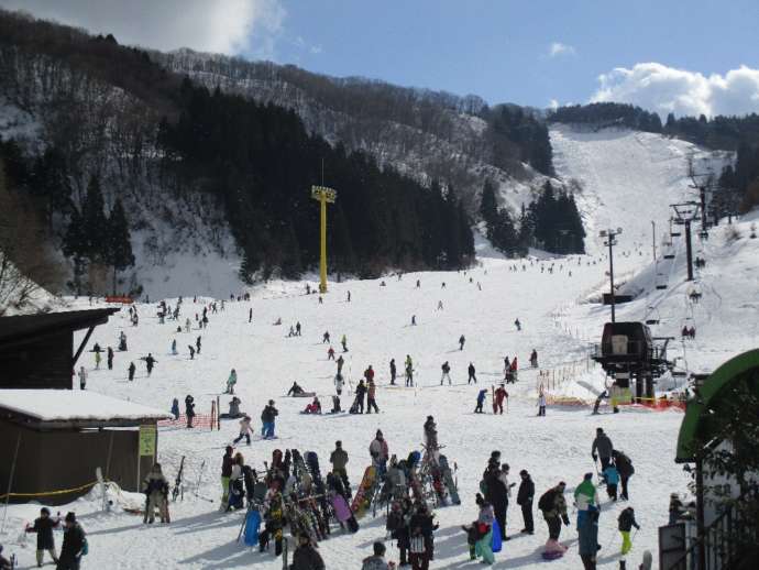 小松市の「大倉岳高原スキー場」でスキーを楽しむ人々