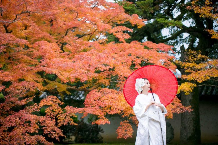京都好日での紅葉のロケーションで結婚写真の前撮りをする女性