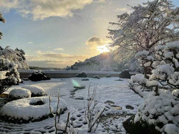 冬の雪化粧の石庭