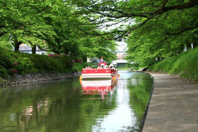 松川遊覧船が美しい新緑の中を進む様子