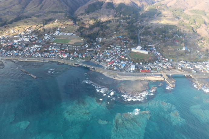 北海道松前町を上空から見た街並み