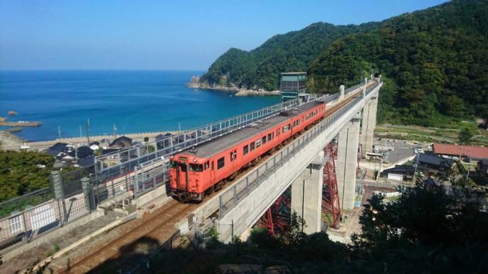 余部橋梁を走るディーゼル列車と日本海の様子