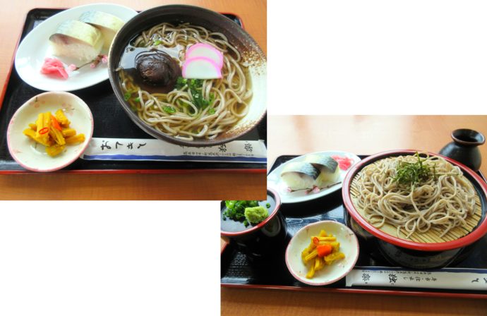 食事処「レストラン道の駅マキノ追坂峠」で供される「そばサバ寿司セット（温・冷）」