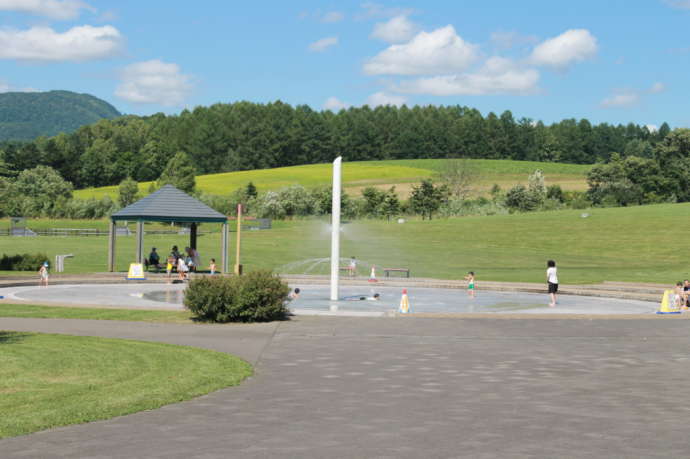 噴水のある広い公園で遊ぶ子どもたち