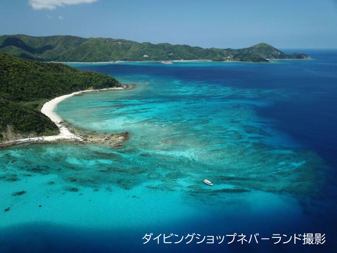 「ダイビングショップネバーランド」がある奄美大島の空撮写真