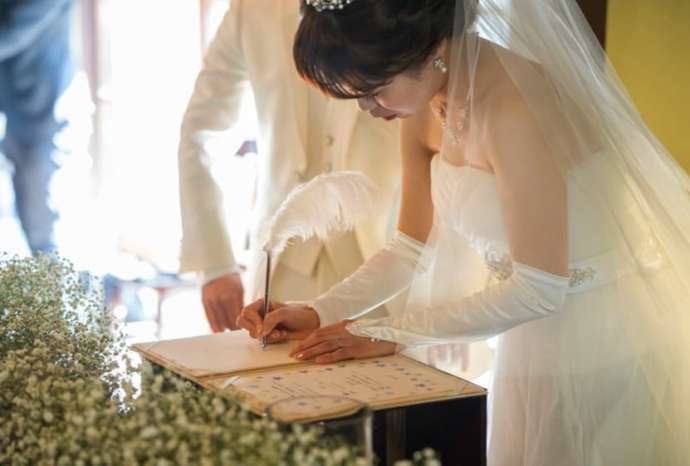 披露宴会場内での挙式中、結婚証明書に署名しているシーン