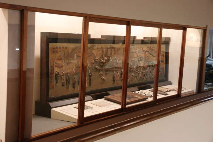 「野田市郷土博物館」にある展示物・押絵扁額「野田醤油醸造之図」の全体を眺める