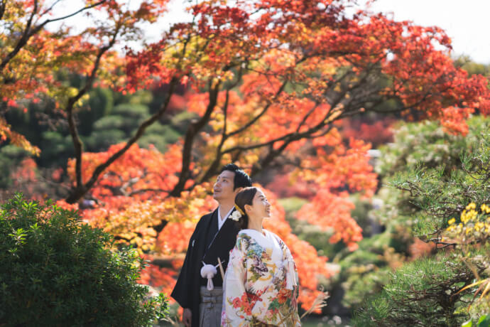 兵庫県神戸市にある「SCARLET KOBE」が紅葉の時期に撮ったウェディングフォト
