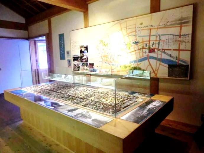 記念館周辺の地図やミニチュア模型が展示されている