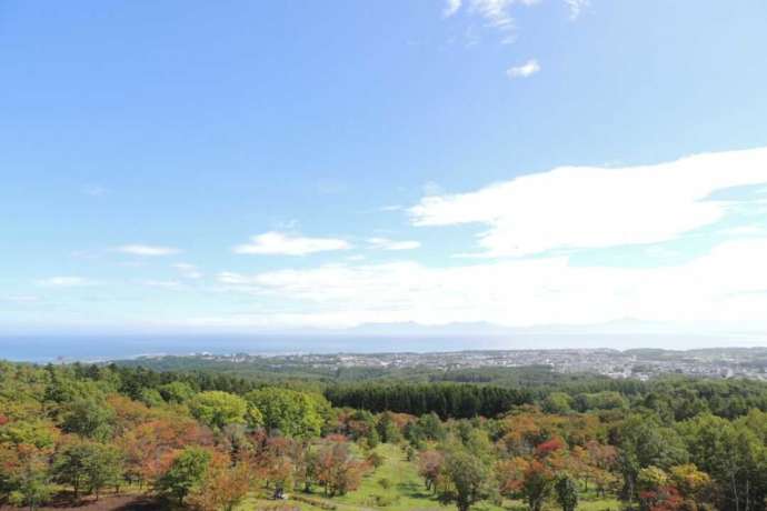 天都山の展望台から見た、少し紅葉し始めた木々の写真