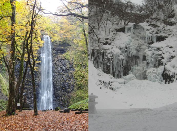 酒田市の玉簾の滝（秋と冬）