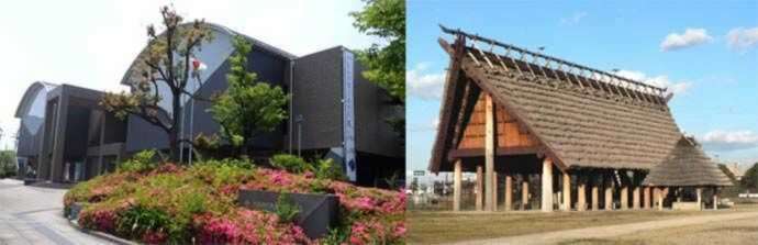 「佐竹ガラス 流工房」の制作体験と一緒に楽しめる「大阪府立弥生文化博物館」（左）と「池上曽根史跡公園」（右）