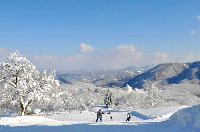 Asahi自然観スノーパークのゲレンデでスキーを楽しむ人々