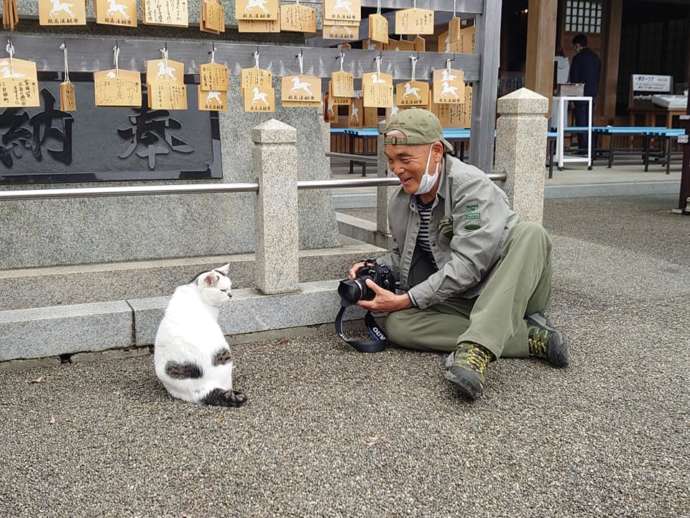 救馬溪観音の猫と猫の写真を撮るカメラマン