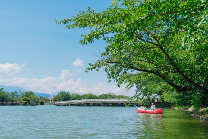 長野県須坂市の「臥竜公園の竜ケ池」に浮かぶボート（夏）