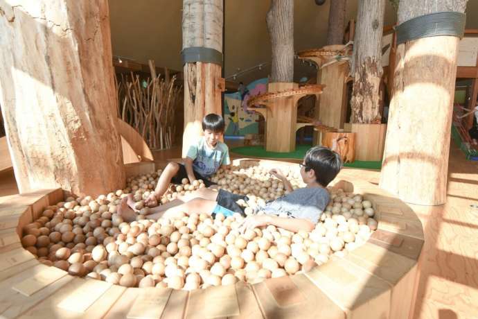 津別町の「つべつ木材工芸館キノス」で遊ぶ子どもたち