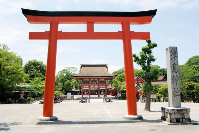 津島神社の東鳥居から見た桜門の様子