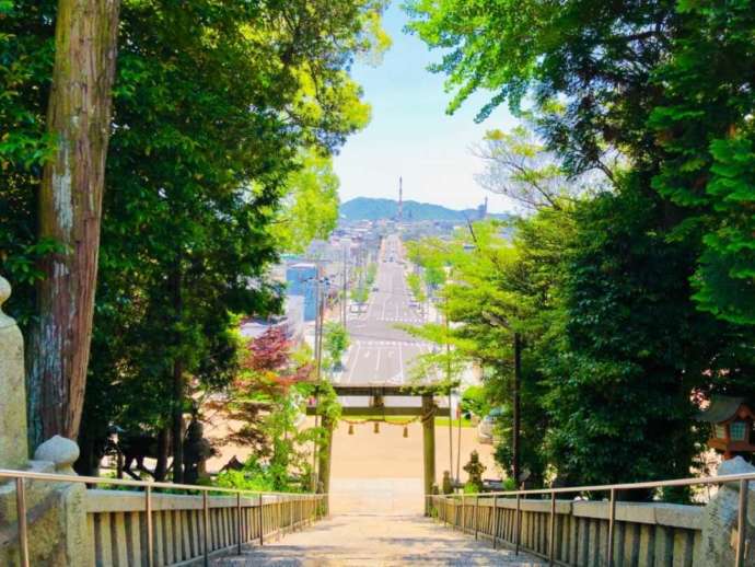 山口県周南市にある「山﨑八幡宮」の境内から眺めた参道方面の日中の景色
