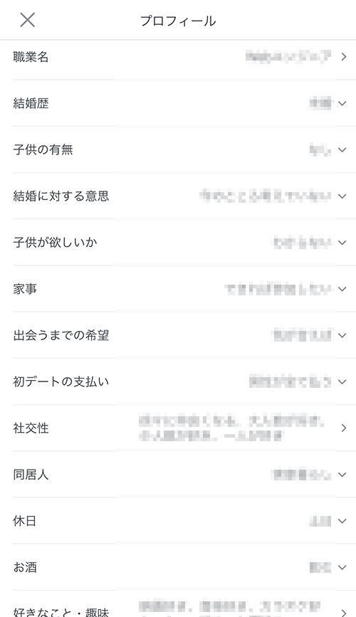 すべて埋められたプロフィール画面