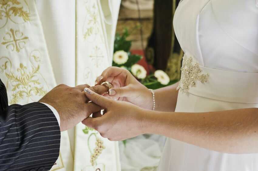 結婚式で指輪交換をする新郎新婦の手元