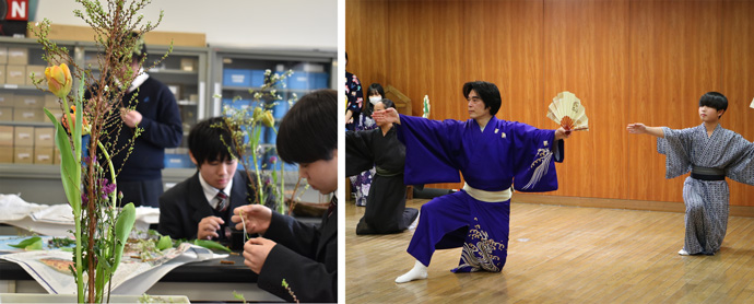 アレセイア湘南中学校・高等学校の日本文化体験・華道（左）、日本舞踊（右）