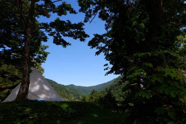 長野県北安曇郡小谷村にある雨飾高原キャンプ場内の木々とテント
