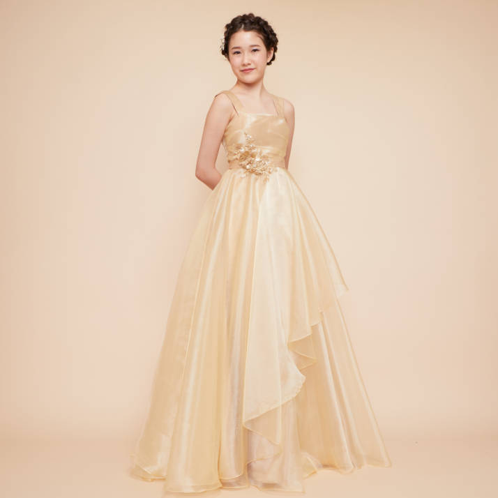 アナベルドレスアトリエのオーガンジーレイヤースカートゴールドジュニアドレスその1