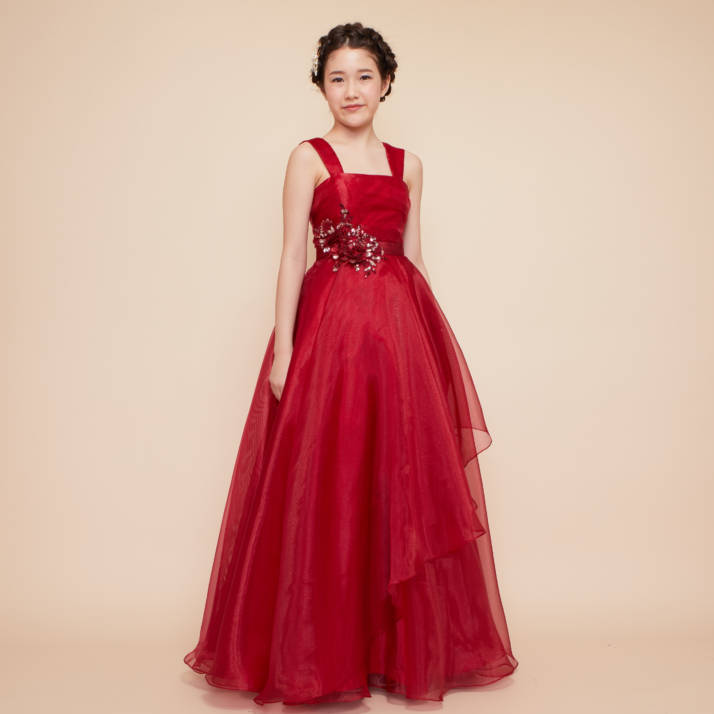 アナベルドレスアトリエのオーガンジーレイヤースカートレッドジュニアドレス