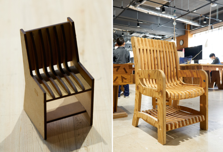 新渡戸文化学園の「VIVISTOP NITOBE」に置かれている椅子の模型と実際の椅子