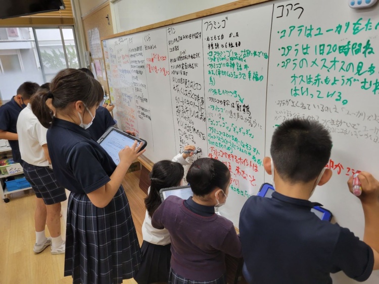 新渡戸文化小学校の「WonderTime」で調べた結果を記入する子どもたち