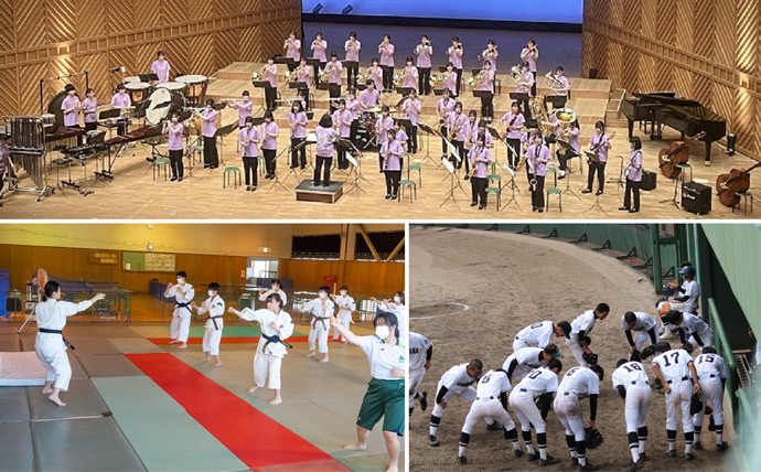 福山市立福山中・高等学校吹奏楽部の定期演奏会の様子、少林寺拳法部の練習風景、野球部の様子