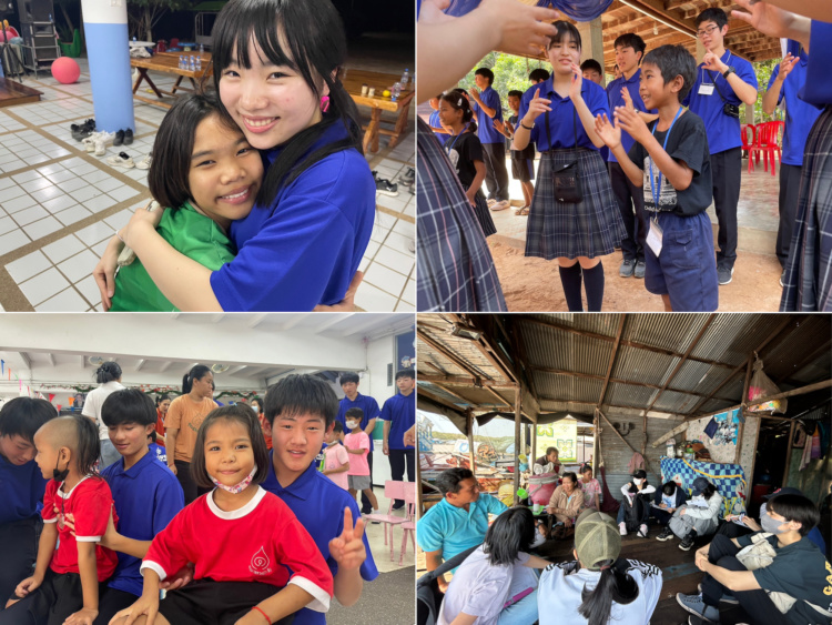 岡山学芸館清秀中学校・高等部で行われたタイ・カンボジア研修で生徒が現地の子ども達と交流している様子と水上生活者へのヒアリング調査の様子