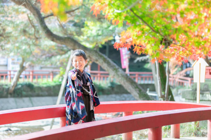 間々田八幡宮の秋の太鼓橋の風景